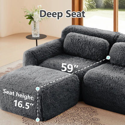 Dark-Grey 2-Seater Modular Plush-Fabric Sectional Sofa No-Assembly with Throw Pillows Non-Slip
