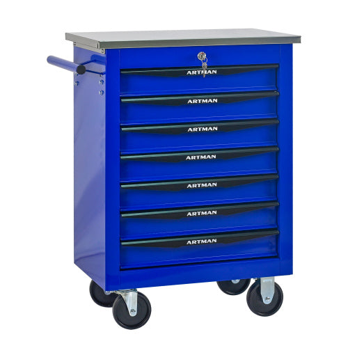 7 Drawers Multifunctional Tool Cart with Wheels Metal Rolling Tool Cart Storage with Stainless Steel Roof Black Blue