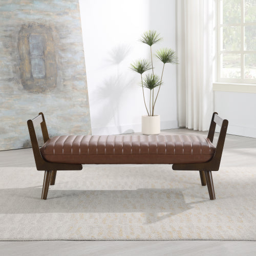 52 inch Cognac PU Mid-Century Bench Ottoman, Walnut Wood Leg Water-Resistant Footrest, 300 LBS for Bed End & Entryway