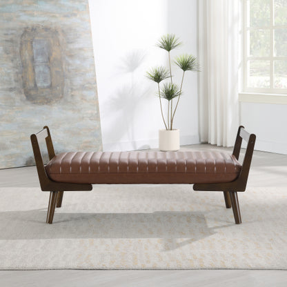 52 inch Cognac PU Mid-Century Bench Ottoman, Walnut Wood Leg Water-Resistant Footrest, 300 LBS for Bed End & Entryway