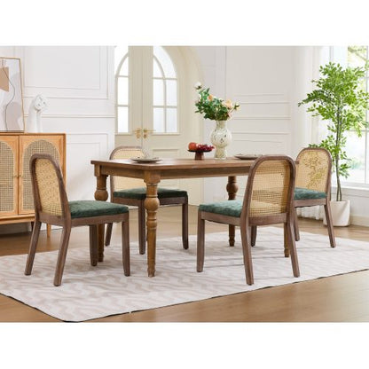 Set of 2 Green Curved Arched Cane Back Farmhouse Dining Chairs, Distressed Solid Wood Frame S-Spring Chenille Cushion