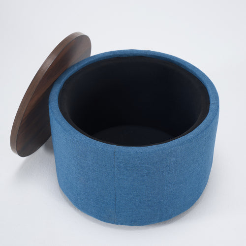 Blue 2-Piece Linen Nesting Storage Ottoman Set, Round Foot Stool with Wood Tray, Fully Assembled 396 LBS