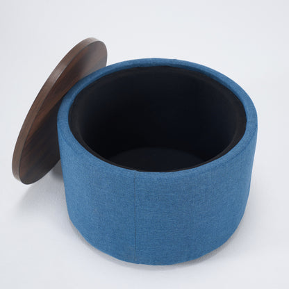 Blue 2-Piece Linen Nesting Storage Ottoman Set, Round Foot Stool with Wood Tray, Fully Assembled 396 LBS