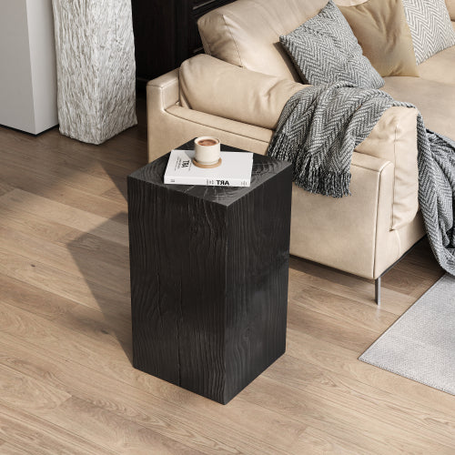 Wood-Look Square-Column MGO End Table, H27.75",Wood-Like Distressed Finish, Mix with Different Heights, Indoor Outdoor Use,Black Color