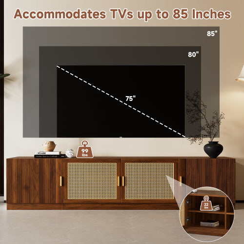 78.7 Inch Walnut TV Stand with Rattan Doors & Adjustable Shelves for 85 Inch TV