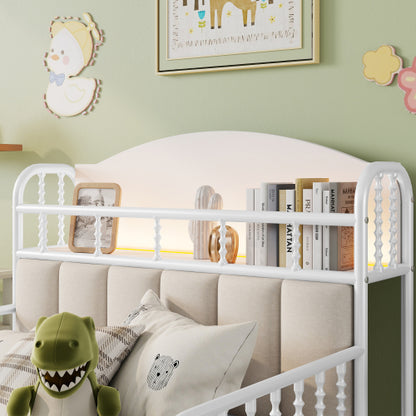 Twin Size Metal Platform Bed Frame with Light, Kids Twin Metal Bed with Upholstered and Storage Headboard, White