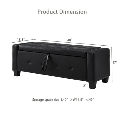 Black Tufted PU Faux Leather 48 inch Storage Ottoman Bench, Hallway Bedroom Storage Seat