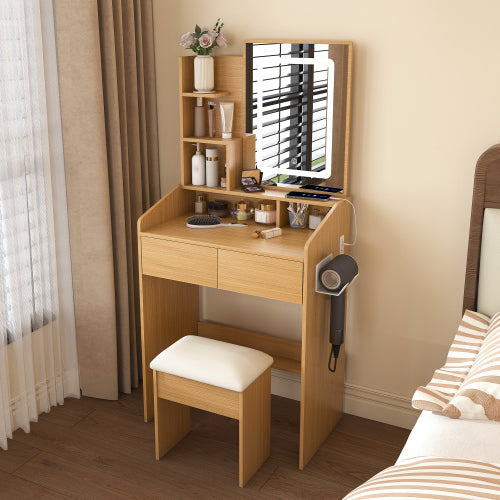 Vanity Table with LED-Illuminated Mirror, Power Outlet, Hairdryer Holder & Stool ¨C Compact Dressing Desk for Small Bedrooms(Wood)