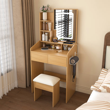 Vanity Table with LED-Illuminated Mirror, Power Outlet, Hairdryer Holder & Stool ¨C Compact Dressing Desk for Small Bedrooms(Wood)