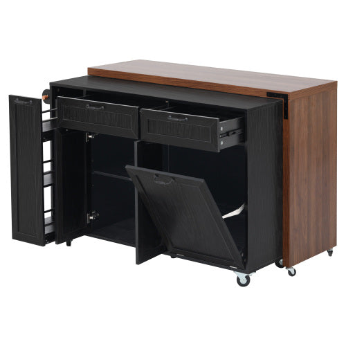 102 Inch Kitchen Island with Extendable Dining Table & Trash Storage Black
