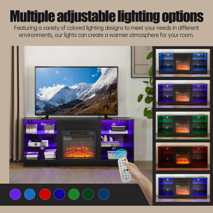 58 Inch Black Electric Fireplace TV Stand 3D LED Flame Media Console with Built-In Charging Station for 65 Inch TV