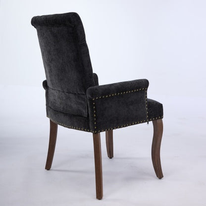 Upholstered Chenille Arm Dining Chair, Tufted Accent Chair with Curved Solid Wood Legs, Black, Single Pack