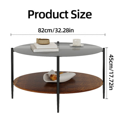 Mid Century Round Coffee Table Glass Top Wood Shelf Metal Frame Living Room Table