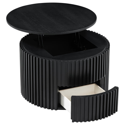 Round Lift Top Coffee Table, Fluted Wood Accent Table with Hidden Storage & Drawer, Solid Wood & MDF