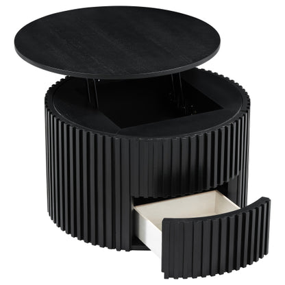 Round Lift Top Coffee Table, Fluted Wood Accent Table with Hidden Storage & Drawer, Solid Wood & MDF