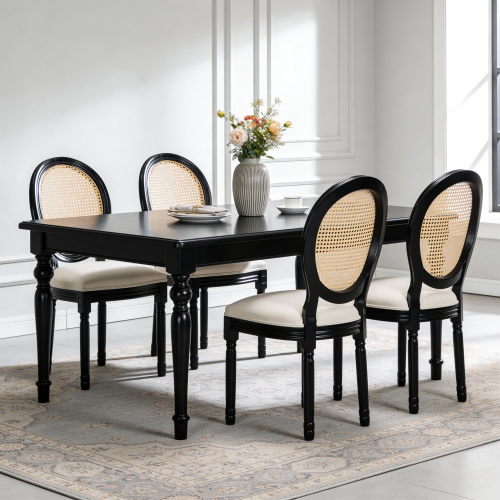 Set of 2 Beige Fabric French Country Rattan Round Back Dining Chairs, Black Solid Wood Frame Disassemblable Chairs