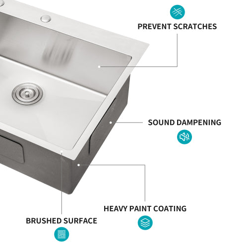 33 x 22 x 10 inch Kitchen Sink Drop In 16 Gauge Stainless Steel 33" Single Bowl Topmount Kitchen Sink Basin
