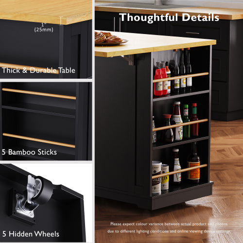 48inch Kitchen Island with 2 Bar Stools, Power Outlet, Internal Storage Rack, Kitchen Storage Cart on 5 Wheels with Drop Leaf, 5 Open Side Racks, Drawers, Black (Old SKU N707S000015B)(Three Packages)