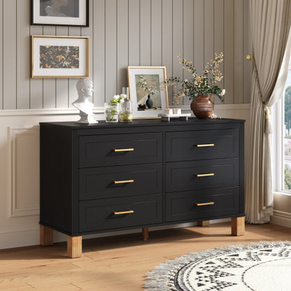 6 Drawer Double Dresser Modern Black Storage Cabinet with Metal Handles Solid Wood Legs