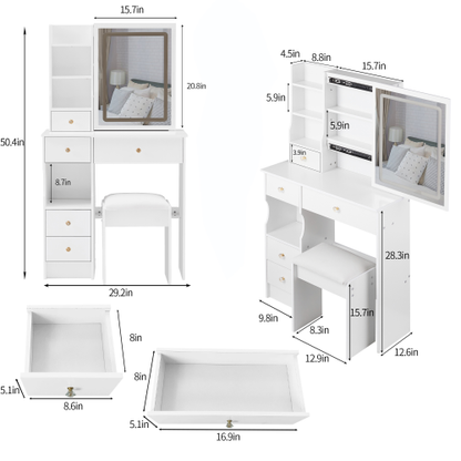 29.2 inch  Small Vanity Table Set w/ LED Mirror, Left Drawer, 3-Color Dimmable Light & Cushioned Stool