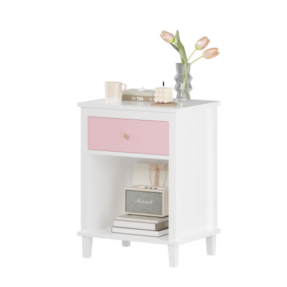 26.77''H Wooden Nightstand with One Drawer One Shelf for Kids, Adults, Pink+Golden handle