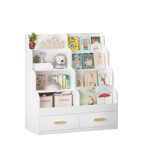 Kids Bookshelf with Drawers Front-Facing Toy Organizer White