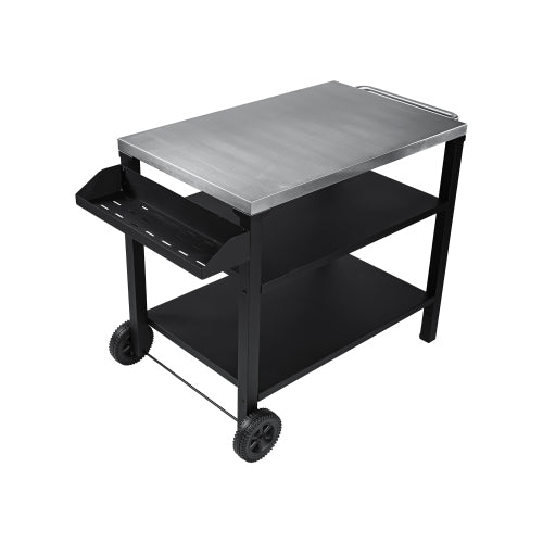 3-Tier Outdoor Grill Cart with Stainless Steel Top & Side Shelf, Movable BBQ Prep Table with Wheels, Rolling Serving Bar Cart for Patio, Backyard, Pizza Oven Stand, Black