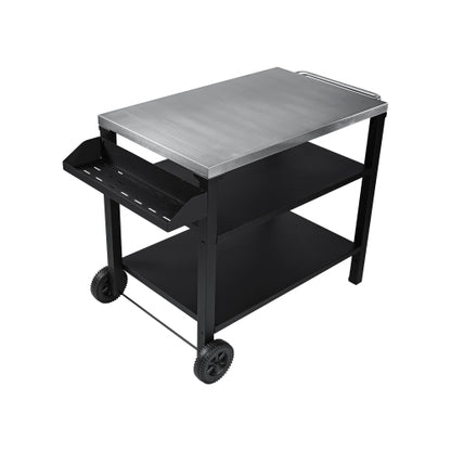 3-Tier Outdoor Grill Cart with Stainless Steel Top & Side Shelf, Movable BBQ Prep Table with Wheels, Rolling Serving Bar Cart for Patio, Backyard, Pizza Oven Stand, Black