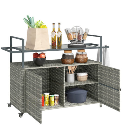 Wicker Outdoor Bar Table with 2-Tier Shelf & Cabinet, Mixed Gray