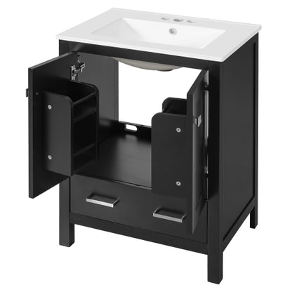 24-inch bathroom vanity with integrated undermount basin and a storage cabinet featuring 2 doors and 1 drawer. Includes double-layer door shelf, soft-close design, and versatile storage solutions