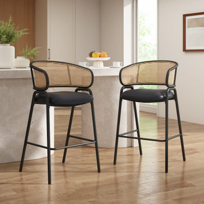 Indoor Metal Upholstered Barstool, Faux Leather Seat With Wowen Rattan Decorated Backrest, Set of 2