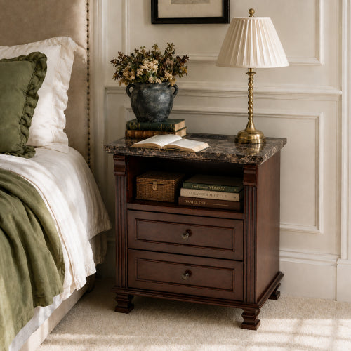 Walnut Tall Nightstand with Charging Station, Marble Grain 2-Drawer Bedside Table for Bedroom & Living Room