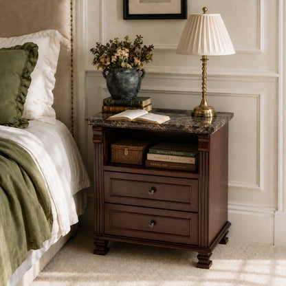Walnut Tall Nightstand with Charging Station, Marble Grain 2-Drawer Bedside Table for Bedroom & Living Room