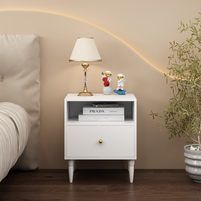 Modern White Nightstand with Drawer and Open Shelf, Bedside Table with Gold Knob, Solid Wood Legs, Small End Table for Bedroom, Living Room
