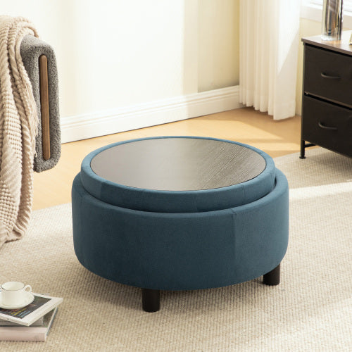 29.33 inch Blue Fleece Round Storage Ottoman, Hand Buckle Decor Reversible Lid Footstool, 300 LBS