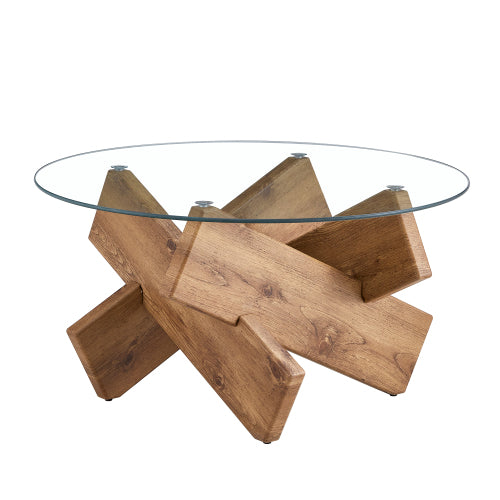 Modern Round Glass Coffee Table 33 Inch Tempered Top Wood Leg Living Room Table
