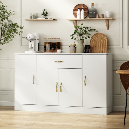 Sideboard Buffet Cabinet with Storage, Large Kitchen Storage Cabinet with 1 Drawer and 4 Doors, Modern Coffee Bar for Kitchen Dining Room, White
