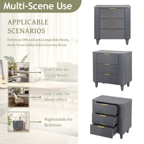 Mid-Century Fluted 3 Drawers Nightstand, Bedside Table with Curved Profile Design and Wide Gold Glossy Handles, End Table for Living Room, Bedroom, Easy Assembly, Dark Gray