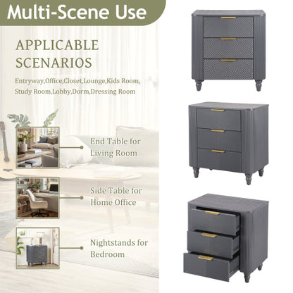 Mid-Century Fluted 3 Drawers Nightstand, Bedside Table with Curved Profile Design and Wide Gold Glossy Handles, End Table for Living Room, Bedroom, Easy Assembly, Dark Gray