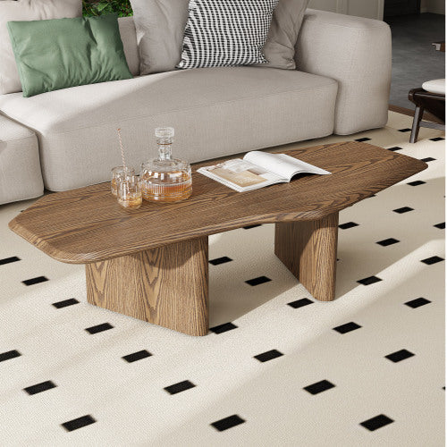 47 Inch Irregular Coffee Table Rustic Ash Wood Veneer Modern Living Room Center Table