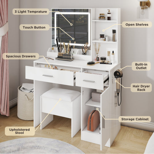 White Makeup Vanity Set with LED Mirror, Charging Station, Stool, 2 Drawers, Open Shelves & Storage Cabinet