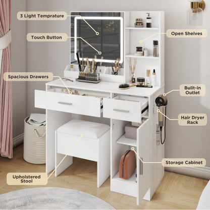White Makeup Vanity Set with LED Mirror, Charging Station, Stool, 2 Drawers, Open Shelves & Storage Cabinet