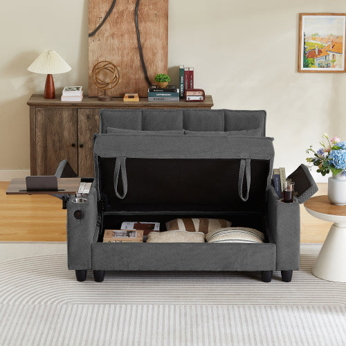 Dark Grey Loveseat Sofa with Storage,USB Ports,Cup Holder & Swivel Table