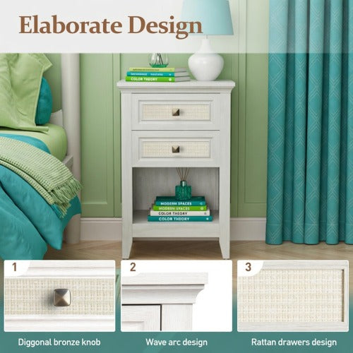 Set of 2 White Rattan Boho Nightstands