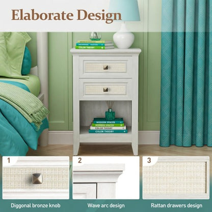 Set of 2 White Rattan Boho Nightstands