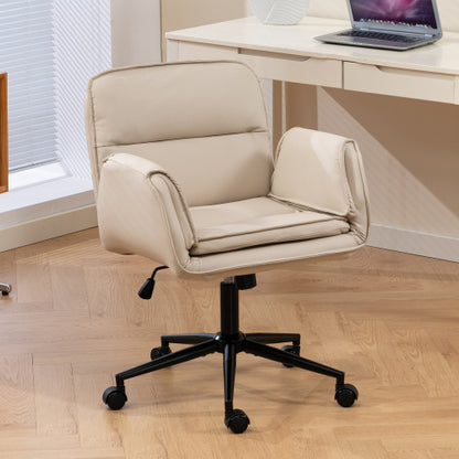 Criss Cross Chair with 5-Gear Adjustable Armrests & Wheels, Ergonomic Thickened Backrest Swivel Desk Chair for Home Office, Vanity, Bedroom and Living Room, Beige Pu