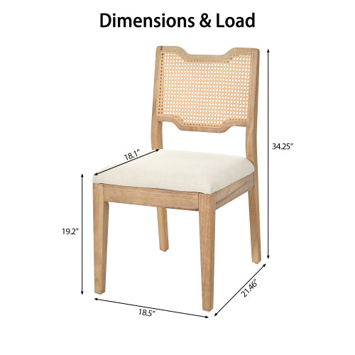 Set of 2 Natural Rubber Wood Farmhouse Rattan Back Counter Bar Stools, Beige Fabric Upholstered 19.2inch  Seat Height Chairs