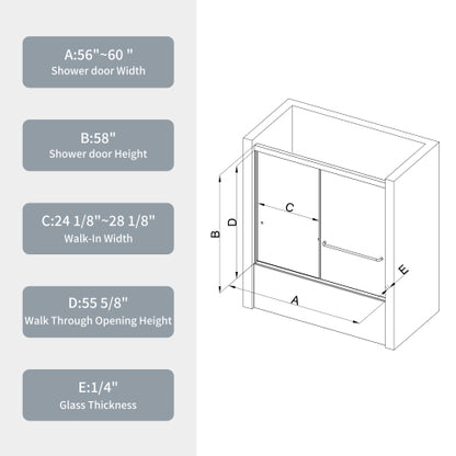 Bathtub Bypass shower door, sliding door, with 1/4" tempered glass and Matted black finish 56"-60"x58"