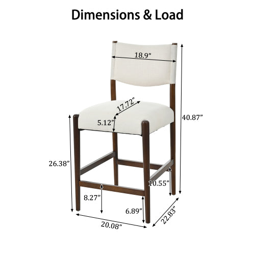 Set of 2 Walnut Beige 26.4inch  Counter Height Rubber Wood Bar Stools, Linen Upholstered Kitchen Island Chairs