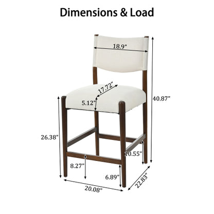 Set of 2 Walnut Beige 26.4inch  Counter Height Rubber Wood Bar Stools, Linen Upholstered Kitchen Island Chairs